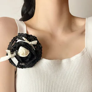Broche fleur rose en dentelle française pince à cheveux élégant nœud papillon noir et blanc