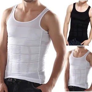 Men's slimming compression body shaper tank top detail, belly control waist vest underwear.