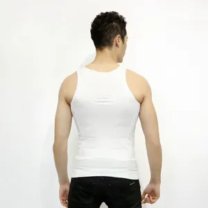 Back detail of men white compression shaping vest with seamless body contouring lines fabric.