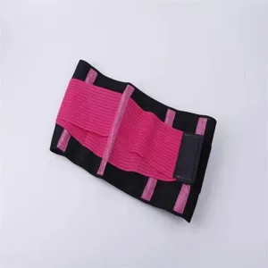 Detail view of black waist trainer belt with pink elastic straps and vertical support bones.