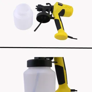Electric paint sprayer detail view, showcasing the detachable plastic container and powerful spray gun.