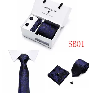 Men luxury blue paisley tie gift box set with pocket square and cufflinks for wedding business.