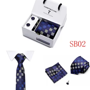 Men blue polka dot tie gift set with pocket square and cufflinks in a white box.