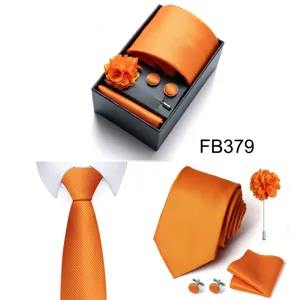 Men orange tie set gift box with pocket square cufflinks lapel pin business formal wear