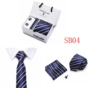 Men's classic dark blue striped tie pocket square and cufflinks gift box set for business wedding.