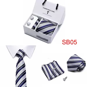 Detailed view of the striped tie, pocket square, and cufflinks gift set for men.