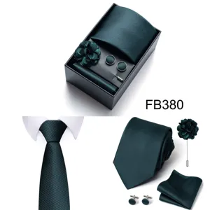Men's dark green tie pocket square cufflinks lapel pin business gift box set detail view.