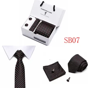 Detailed view showing the men's polka dot tie, pocket square and cufflinks gift set.