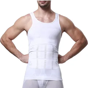 Detailed view of the men's white compression shapewear vest showing tight fit and support.