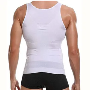 Men's white compression body shaper tank top back view detail showing slim fit and support design.