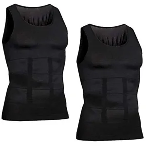 Men black compression slimming body shaper tank top detail view, chest and waist support