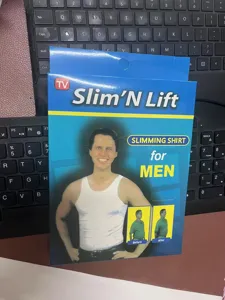 Men's slimming shirt packaging box detail, tummy control shapewear design for daily wear.