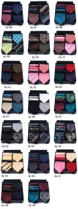 Detail view of men tie and pocket square gift box set with various classic patterned options.