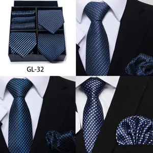 Detail shot of blue jacquard patterned men's tie and pocket square set for formal business.