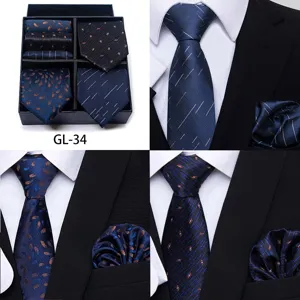 Men jacquard tie pocket square gift box set for business formal wedding groom wear stylish