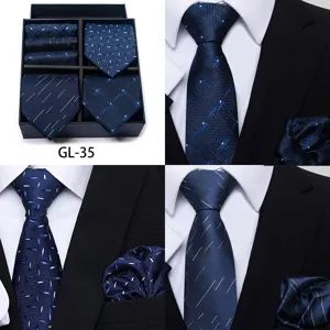 Men's blue jacquard tie set with gift box and matching pocket squares for formal business wear.