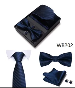 Luxe Heren Donkerblauwe Gestreepte Das Strik Manchetknopen Pochet Cadeauset