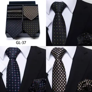 Men's business formal tie detail showing intricate jacquard plaid pattern and matching pocket square.