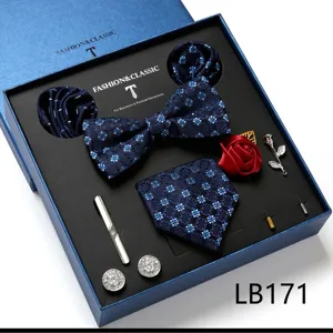 Blauwe bloemen jacquard vlinderdas set voor heren met manchetknopen dasclip in geschenkdoos.