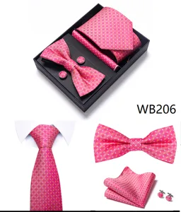 Heren roze geometrische jacquard stropdas vlinderdas pochet manchetknopen set