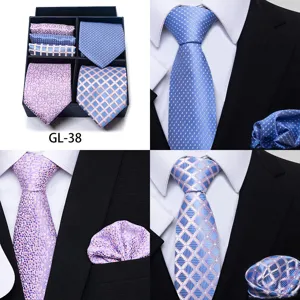 Men's tie and pocket square gift set, detailed view showing classy jacquard pattern and suit styling.
