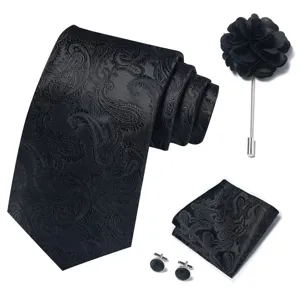Conjunto de corbata negra para hombre con diseño de cachemira pañuelo gemelos y flor para solapa.