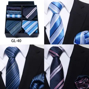 Men's business tie set detail, featuring striped and patterned jacquard ties with pocket squares.