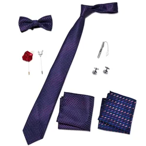 Heren stropdas set paars jacquard met strikje pochet manchetknopen voor zakelijk bruiloft.