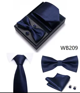 Heren Stropdas Zakdoek Manchetknopen Set Donkerblauw Bruiloft Formeel Zakelijk Jacquard