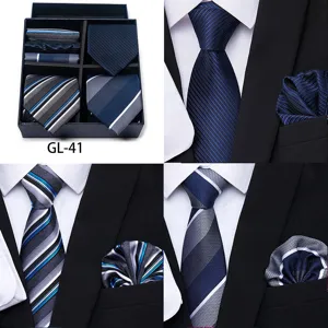 Detailed view of men's blue striped tie and pocket square set with gift box presentation.