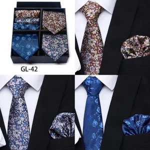 Men's business formal jacquard tie gift box set with matching pocket square for weddings.