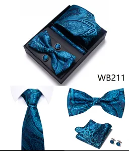 Blauwe paisley stropdas vlinderdas pocchet manchetknopen cadeauset voor trouwen zakelijke herenpak