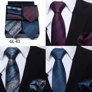Men business formal tie gift box set jacquard plaid necktie with pocket square detail.