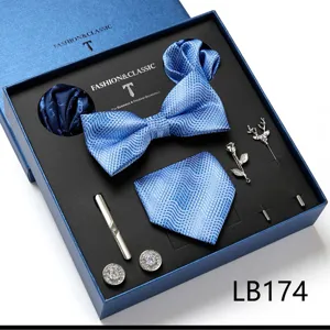 Blauwe gestreepte vlinderdas pochet manchetknopen dasclip set in mooie geschenkbox.