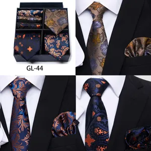 Men formal tie and pocket square set detail shot, jacquard floral pattern for wedding business.