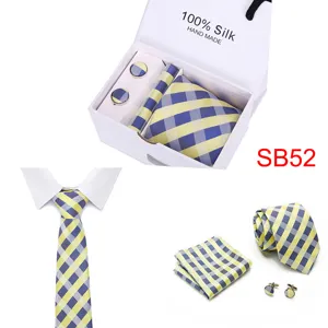 Herren Seide Krawatte Set mit Einstecktuch Manschettenknöpfe blau gelb Karo Detail