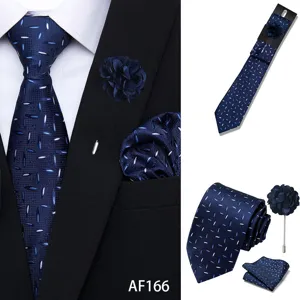 Men's navy blue jacquard stripe tie set with pocket square and lapel pin for business wedding.
