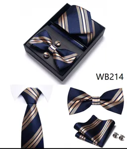 Heren Donkerblauw Gestreept Stropdas Vlinderdas Manchetknopen Pochet Set Detail Mooi