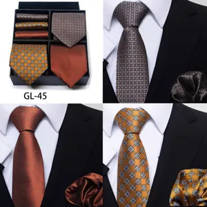 Men's jacquard tie set gift box with pocket square for business wedding groom formal wear.