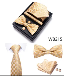 Gouden geometrische jacquard heren stropdas vlinderdas pocet manchetknopen set detail.