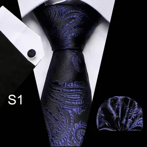 Heren klassiek blauw zwart paisley stropdas set met pochet en manchetknopen voor formeel kostuum.