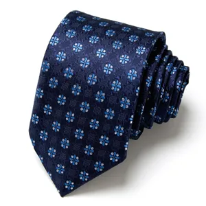 Dark blue men's jacquard woven necktie, classic arrow design for formal business and weddings.