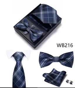 Heren zaken blauw ruit ruitje stropdas vlinderdas manchetknopen zakdoek set detailweergave.