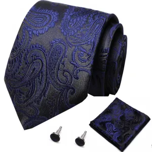 Elegante blauwe heren stropdas set met paisley patroon, pochet en manchetknopen zakelijk
