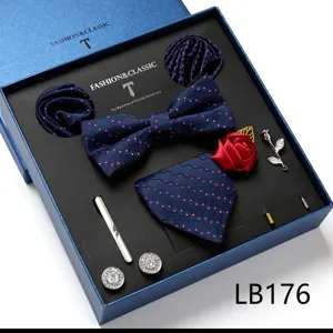 Heren blauwe bloemen jacquard stropdas vlinderdas pochet manchetknopen broche set