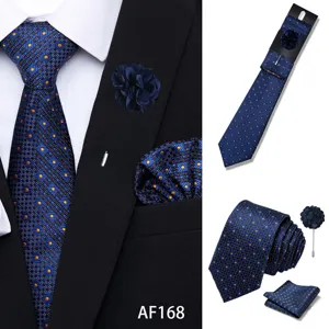 Detailed view of mens blue jacquard tie pocket square brooch set for business formal wear.