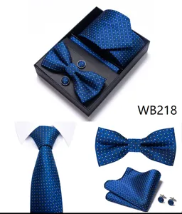 Heren blauwe geometrische jacquard das vlinderdas pochet manchetknopen set in doos