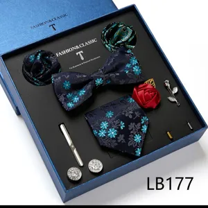 Luxe heren blauwe bloemen stropdas vlinderdas pochet manchetknopen set in geschenkdoos