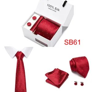 Rote Herren Seide Jacquard Krawatte Einstecktuch Manschettenknöpfe Set Detail Ansicht.