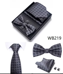 Gedetailleerd overzicht van heren geometrische jacquard das, vlinderdas en manchetknopen set.